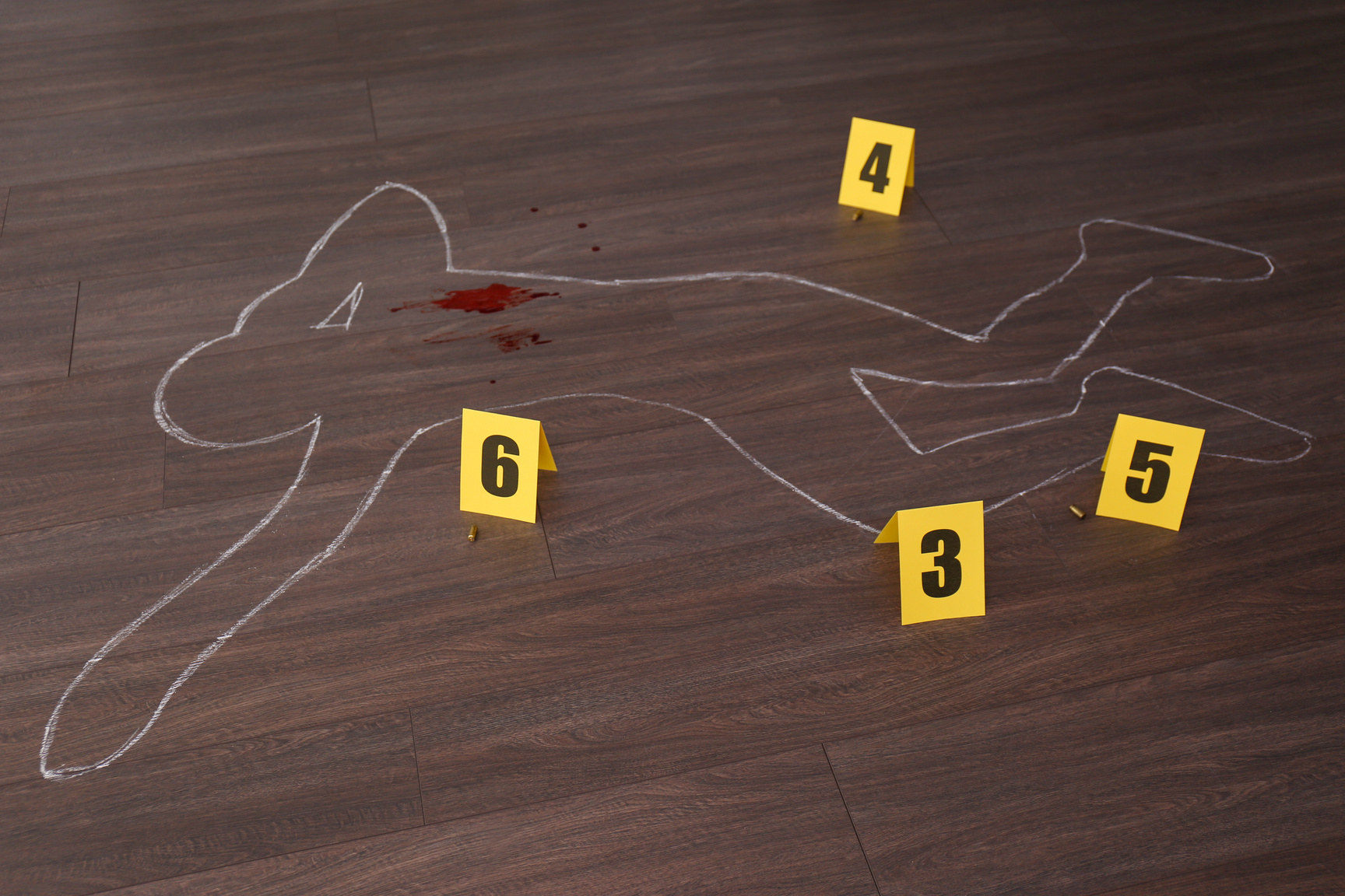 Crime Scene with Chalk Outline of Human Body, Blood, Bullet Shel